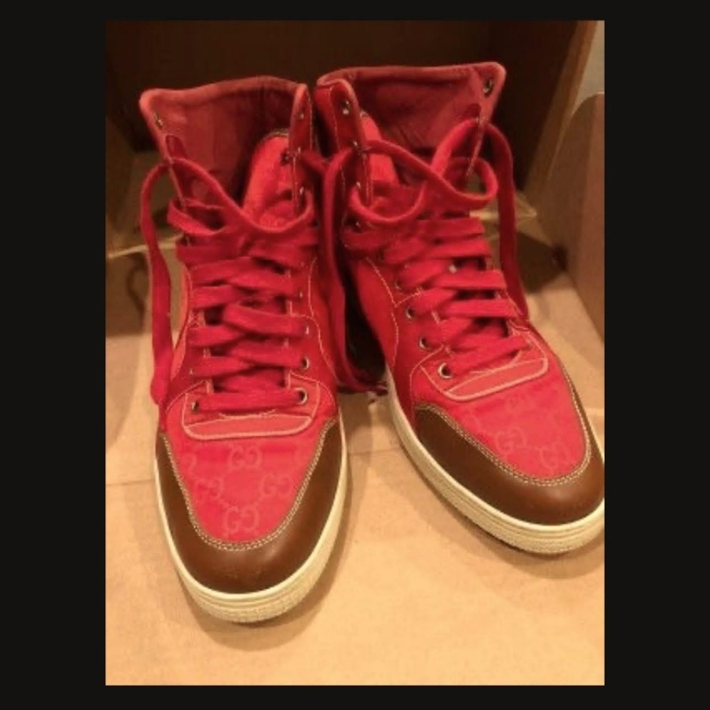 Gucci Red Monogram Guccisma High top Sneakers size 10
